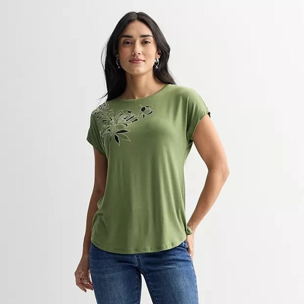 NEW APT. 9 Women's Olivine Green Floral Embroidered Short Sleeve Tee Top Size M